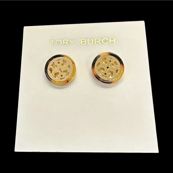 Tory Burch Miller Tortoise Gold Tone Double-T Logo Stud Earrings Women’s New - Picture 3 of 7
